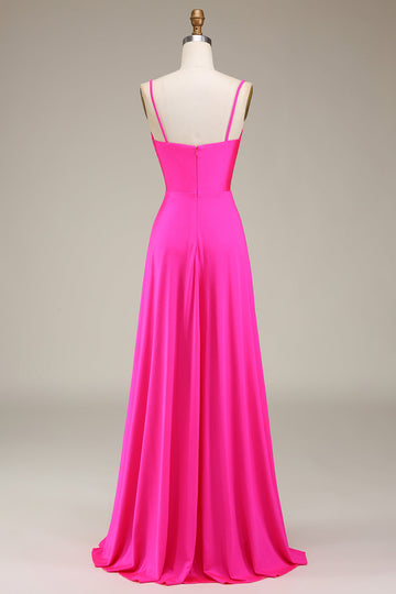 Hot Pink Spaghetti Straps A-Line Ball Dress with Pleated